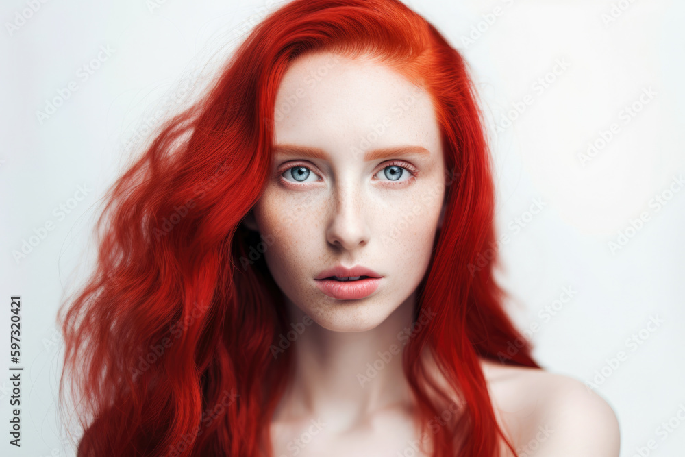 stunning portrait of a woman with bright red hair, porcelain skin, and striking features set against a white background, generative ai