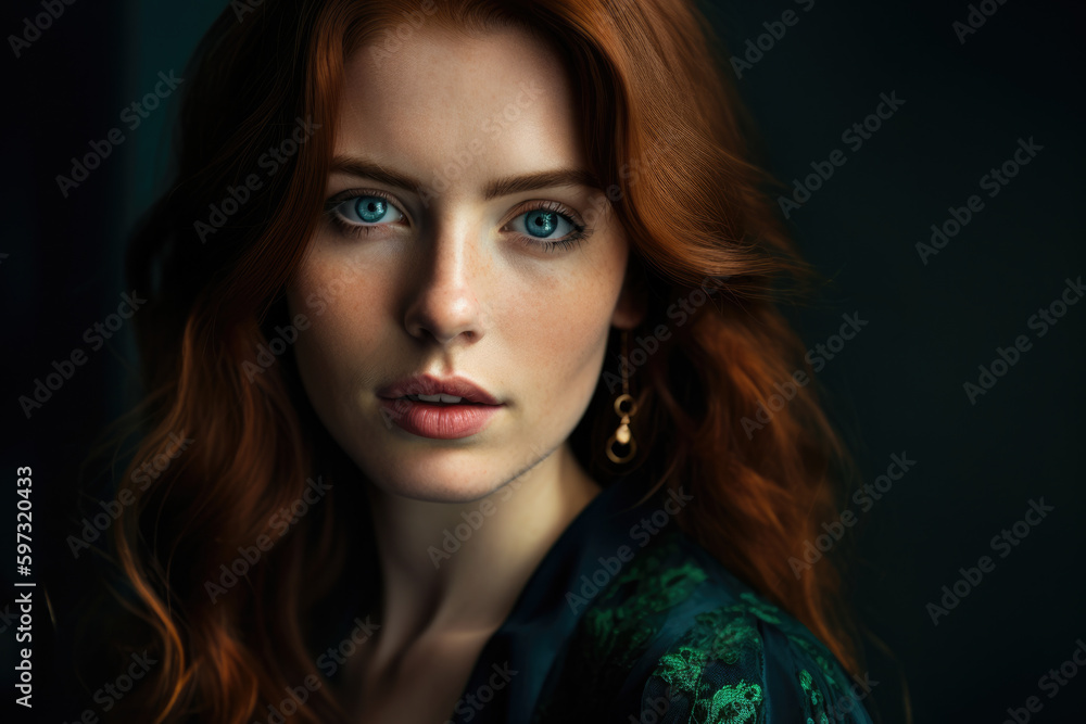 Stunning portrait of a woman with mesmerizing blue eyes and flowing auburn hair, wearing a deep green velvet dress, generative ai Stunning portrait of a woman with mesmerizing blue eyes and flowing auburn hair, wearing a deep green velvet dress, generative ai