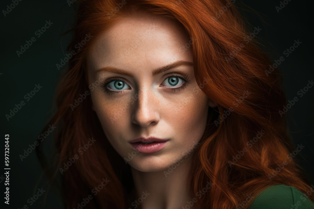stunning portrait of a woman with fiery red hair, piercing green eyes, and a confident expression set against a neutral background, generative ai stunning portrait of a woman with fiery red hair, piercing green eyes, and a confident expression set against a neutral background, generative ai