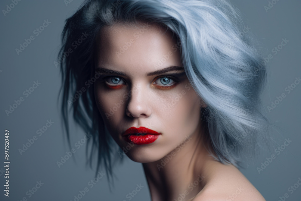 Stunning woman with an intense steel blue gaze and red lips against a stark white background, generative ai Stunning woman with an intense steel blue gaze and red lips against a stark white background, generative ai