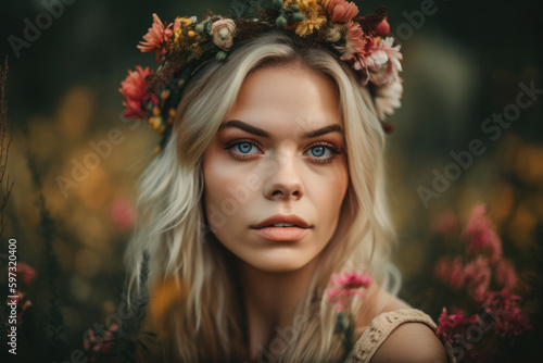 Stunning portrait of a tan-skinned woman with blonde hair, wearing a crown of flowers and standing in a field of tall grass, generative ai