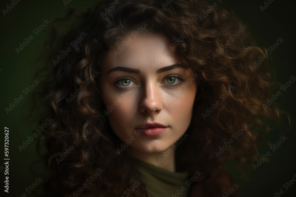 stunning woman with piercing green eyes and luscious curly hair standing against a light olive green background, exuding confidence and elegance, generative ai stunning woman with piercing green eyes and luscious curly hair standing against a light olive green background, exuding confidence and elegance, generative ai