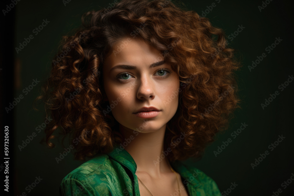 Fototapeta premium stunning woman with piercing green eyes and luscious curly hair standing against a light olive green background, exuding confidence and elegance, generative ai