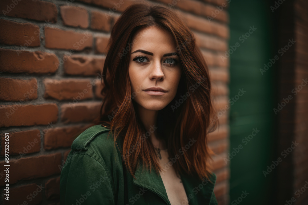 stunning woman with piercing green eyes and tousled chestnut hair standing against a textured dark tan brick wall, generative ai stunning woman with piercing green eyes and tousled chestnut hair standing against a textured dark tan brick wall, generative ai