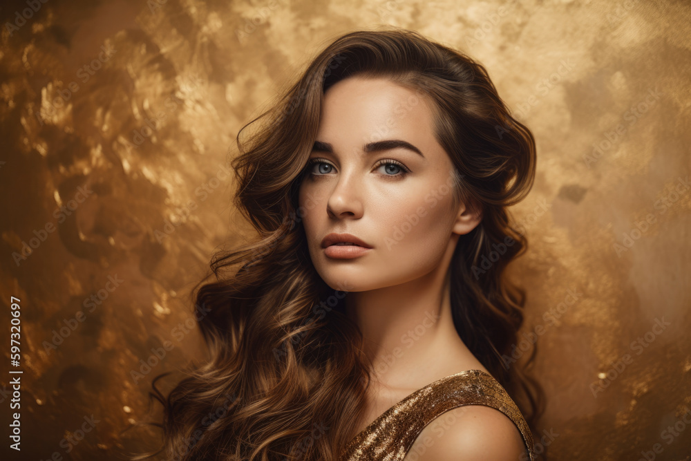 timeless portrait of a beautiful woman with golden highlights in her hair, set against a vintage golden background, generative ai