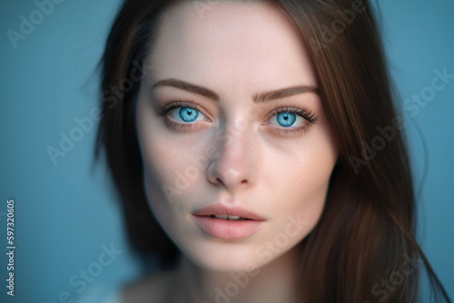 stunning woman with piercing blue eyes and full lips, her flawless skin illuminated by the pale blue background that brings out the intensity of her features, generative ai