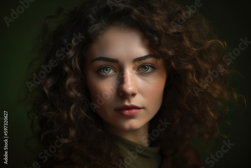 stunning woman with piercing green eyes and luscious curly hair standing against a light olive green background, exuding confidence and elegance, generative ai