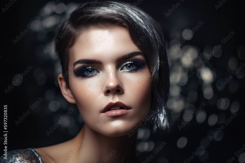 woman in metallic makeup with a glittery background and a hint of silver in her hair, generative ai woman in metallic makeup with a glittery background and a hint of silver in her hair, generative ai