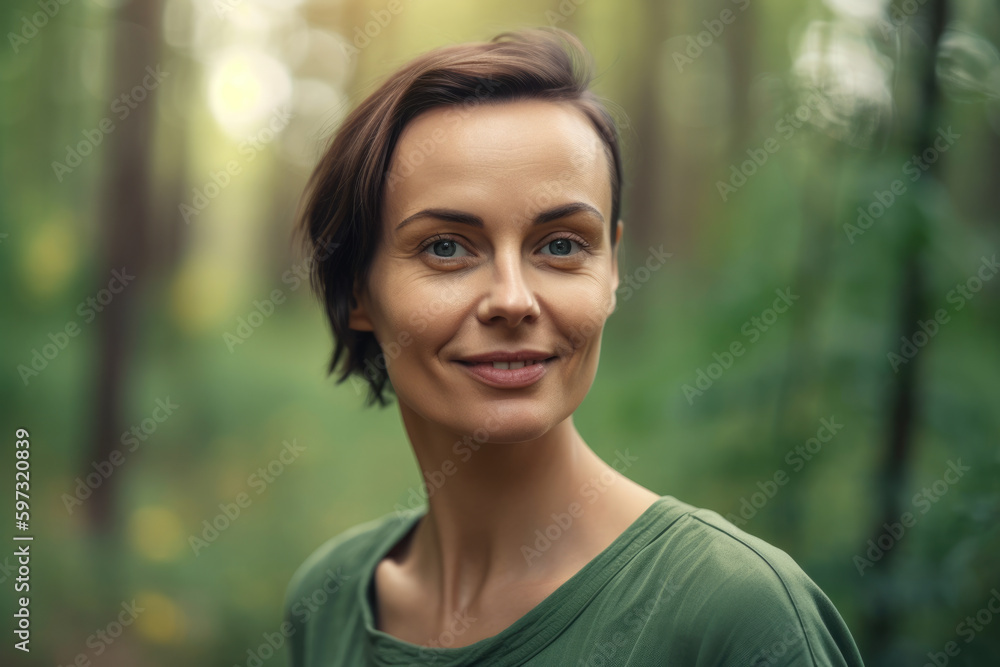 woman with soft features and gentle smile, wearing a simple olive green shirt against a serene forest background, generative ai woman with soft features and gentle smile, wearing a simple olive green shirt against a serene forest background, generative ai