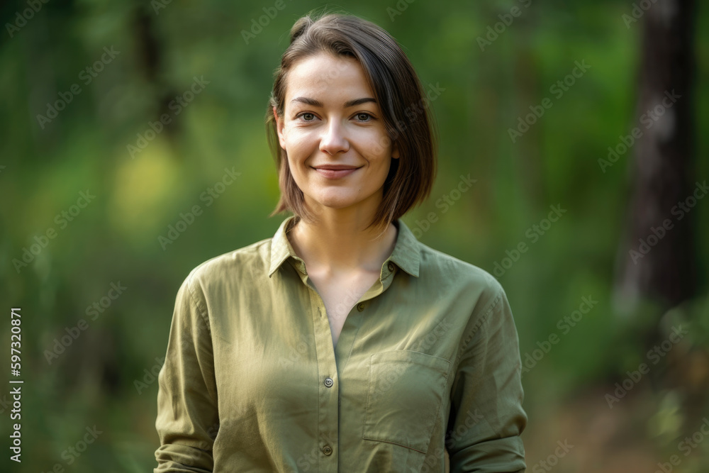 woman with soft features and gentle smile, wearing a simple olive green shirt against a serene forest background, generative ai woman with soft features and gentle smile, wearing a simple olive green shirt against a serene forest background, generative ai