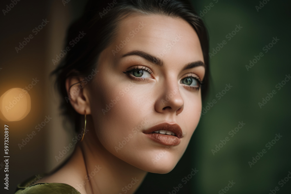 Naklejka premium A Close-up portrait of a mesmerizing woman with radiant skin and glossy lips against a soft light olive green background, emanating beauty and passion, generative ai