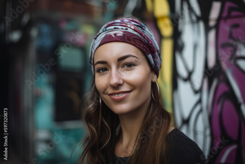Young woman with a plum-colored hairband and a soft smile, standing in front of a colorful graffiti wall, generative ai