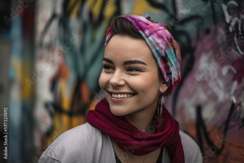 Young woman with a plum-colored hairband and a soft smile, standing in front of a colorful graffiti wall, generative ai