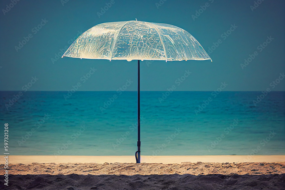 Sun umbrella standing on beach on sea background. Generative AI.