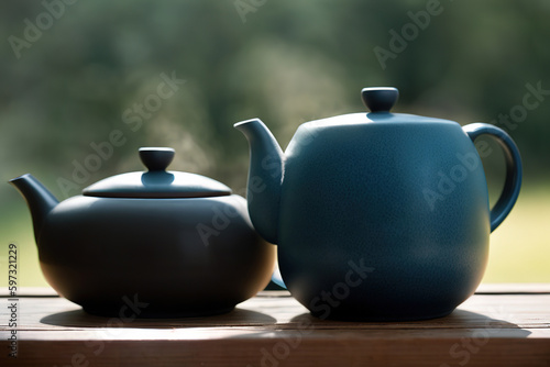 Chinese tea ceremony. Ceramic teapot made of clay and bowls on a wooden background. Generative ai.