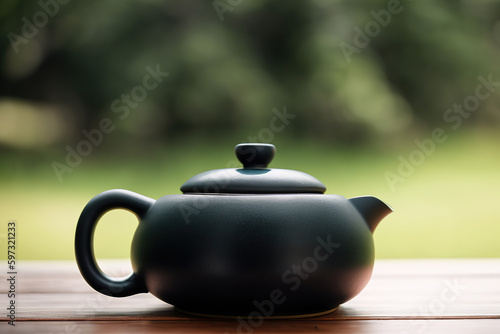 Chinese tea ceremony. Ceramic teapot made of clay and bowls on a wooden background. Generative ai.