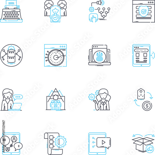 Social creation linear icons set. Collaboration, Engagement, Connectivity, Sharing, Community, Crowdfunding, Innovation line vector and concept signs. Empowerment,Creativity,Diversity outline