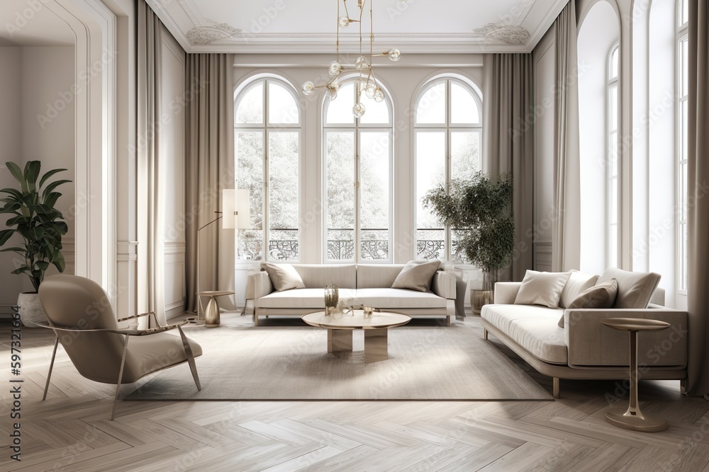 Modern living room, white furniture, floor-to-ceiling window, in the style of realistic and hyper-detailed renderings, light bronze and beige, panoramic scale, minimalist staging