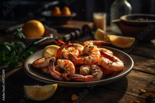 perfectly grilled shrimp and lemon slices, sitting on a rustic style table