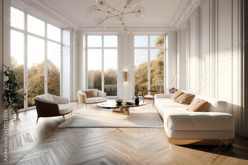 Modern living room, white furniture, floor-to-ceiling window, in the style of realistic and hyper-detailed renderings, light bronze and beige, panoramic scale, minimalist staging