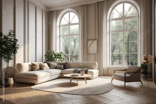 Modern living room, white furniture, floor-to-ceiling window, in the style of realistic and hyper-detailed renderings, light bronze and beige, panoramic scale, minimalist staging © Goldenshot