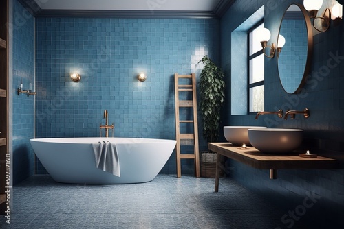 A 3D rendered bathroom in shades of blue for a relaxing spa-like atmosphere. Generative AI