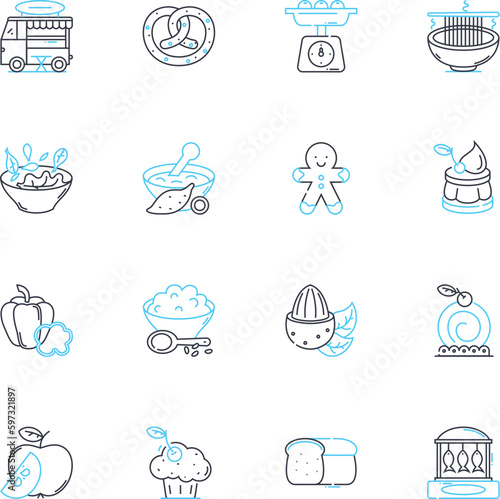 Snack linear icons set. Chips, Popcorn, Pretzels, Crackers, Nuts, Beefjerky, Granola line vector and concept signs. Trailmix,Yogurt,GranolaBars outline illustrations