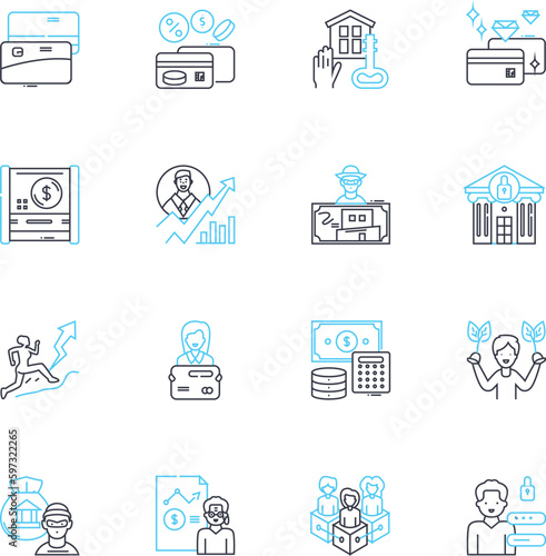 Profits earned linear icons set. Revenue, Gain, Earnings, Income, Return, Yield, Surplus line vector and concept signs. Benefit,Advantage,Prosperity outline illustrations
