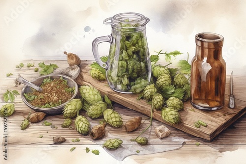 Watercolor illustration of hops and malt ingredients for beer brewing. Generative AI