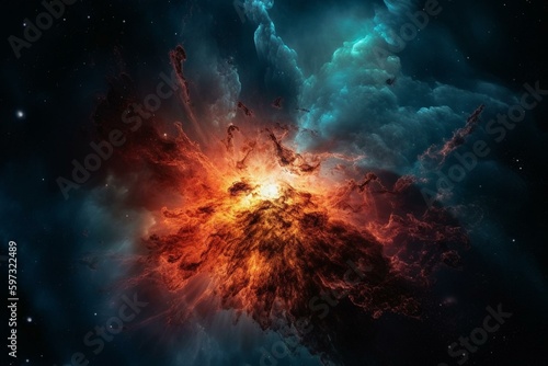 Supernova explosion in galaxy, a nebula forms. Deep space astronomy reveals glowing background. Generative AI