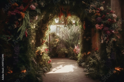A botanical oasis with floral arch for boho events. Generative AI