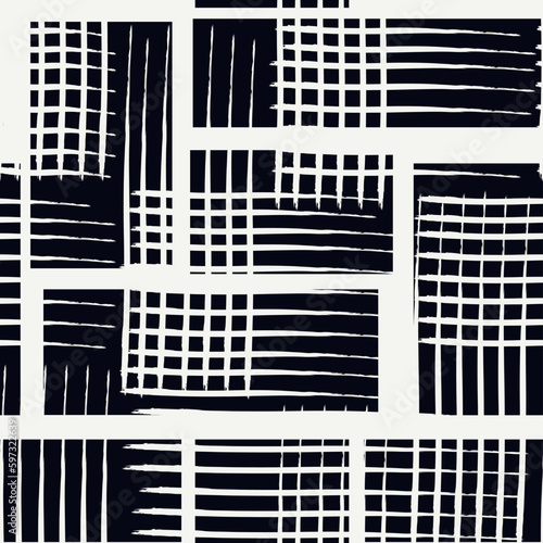 Paint brush geometric seamless pattern. Artistic hand drawn modern print. Linocut style background. Modular grid ornament. Trendy contemporary geo wallpaper
