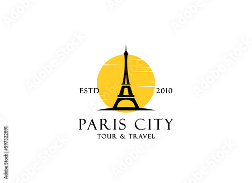 Paris tourist attraction logo design. Paris Eiffel tower travel landmark vector design. Paris famous places logotype