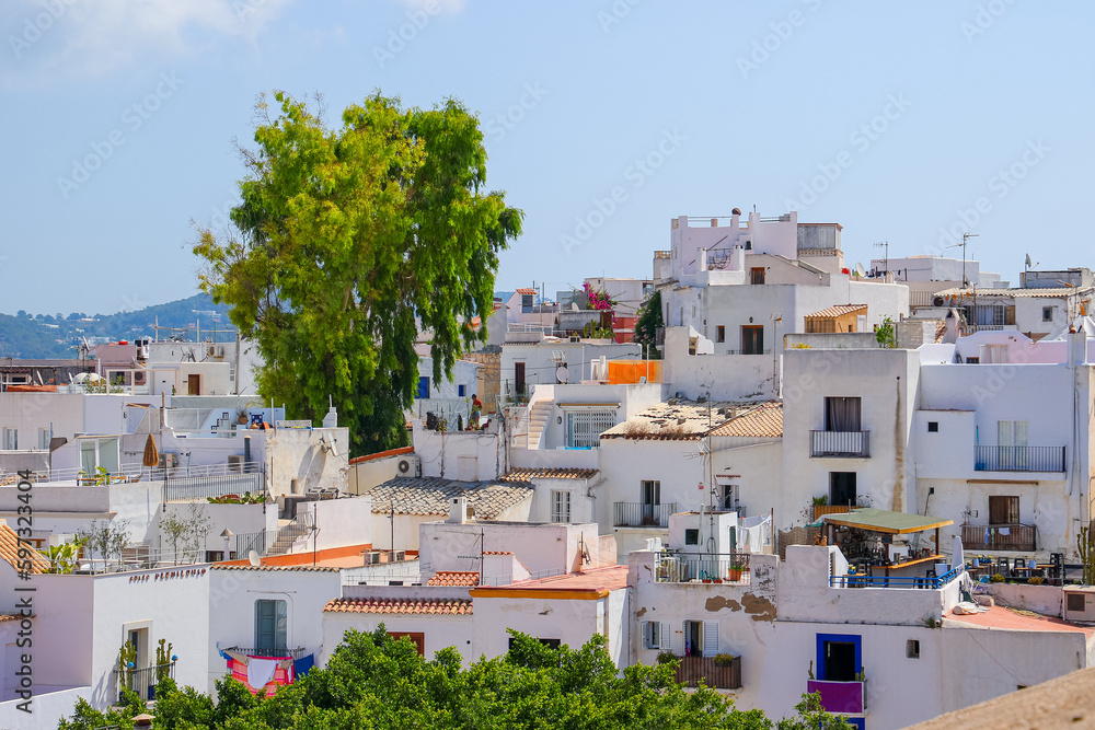 Aerial view of whitewashed houses in the city center of Eivissa, the capital of Ibiza in the Balearic Islands, Spain