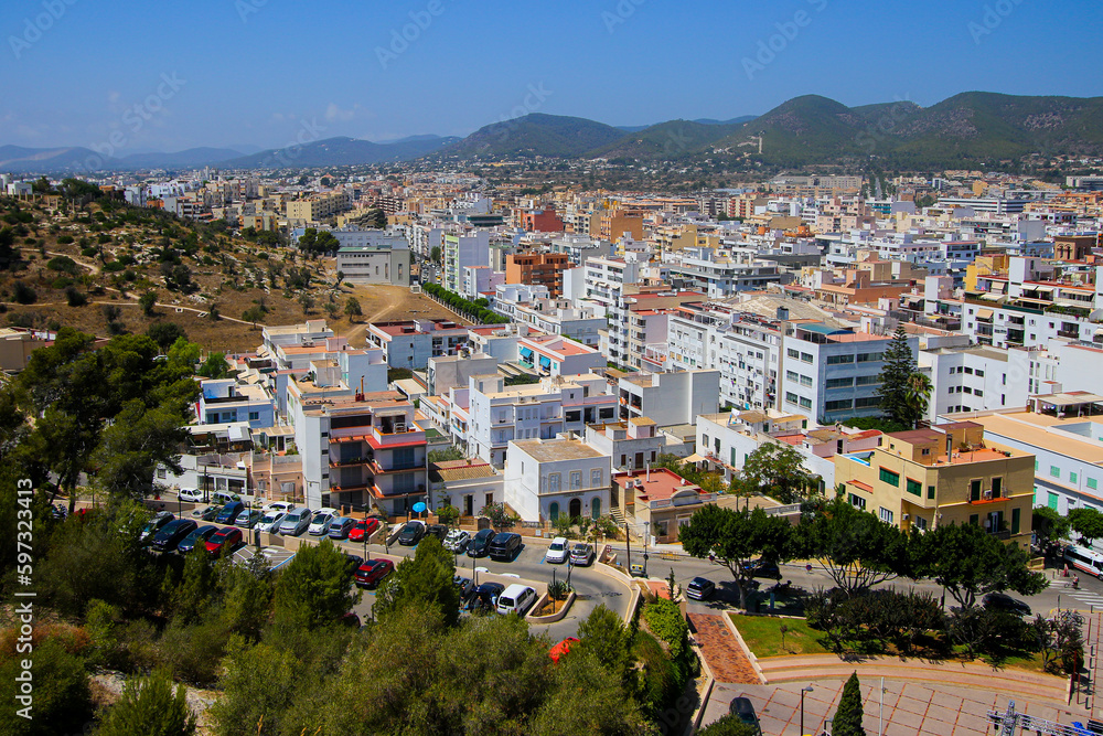 Aerial view of the Necropolis of Puig des Molins surrounded with residential buildings in Eivissa, the capital city of Ibiza in the Balearic Islands, Spain