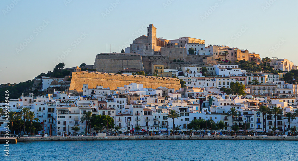 Port of Ibiza in the Mediterranean Sea, offering a view on Dalt Vila, the old city center of Ibiza in the Balearic Islands, Spain - Medieval fortress with whitewashed houses in the Mediterranean Sea