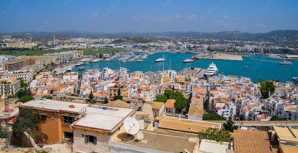 Panoramic view of the rooftops of the city center of Eivissa, the capital of Ibiza in the Balearic Islands, Spain