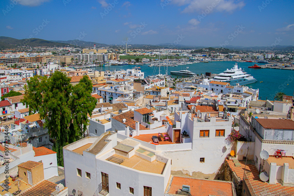 Aerial view of the city center of Eivissa, the capital of Ibiza in the Balearic Islands, Spain