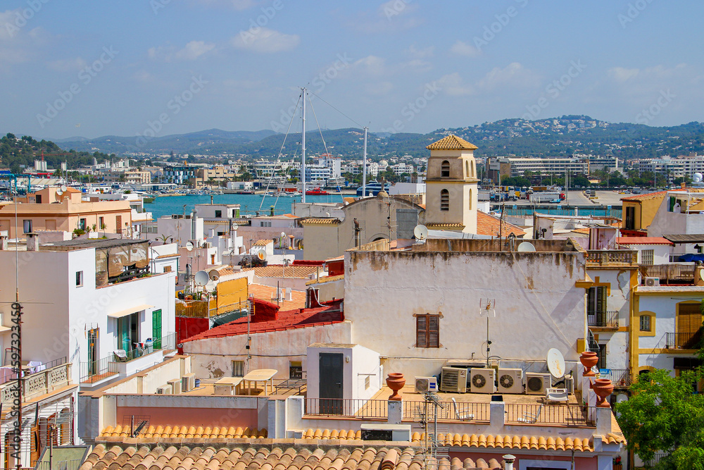 Aerial view of the city center of Eivissa, the capital of Ibiza in the Balearic Islands, Spain, with the bell tower of the San Salvador de la Marina church