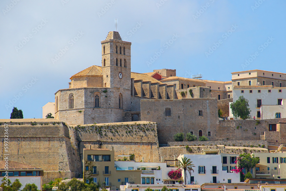 Saint Mary Cathedral above the ramparts of the Castle of Eivissa in Dalt Vila, the old city center of Ibiza in the Balearic Islands, Spain