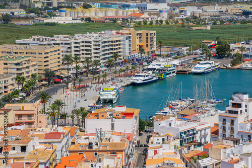 Aerial view of ferries moored at the central dock of the port of Eivissa, the capital of Ibiza in the Balearic Islands, Spain
