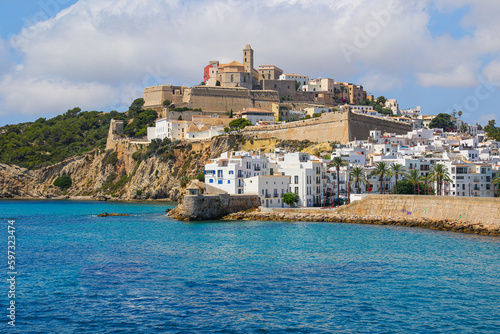 Saint Mary cathedral at the top of the Castle of Eivissa in Dalt Vila, the old city center of Ibiza in the Balearic Islands, Spain - Medieval fortress with whitewashed houses in the Mediterranean Sea photo