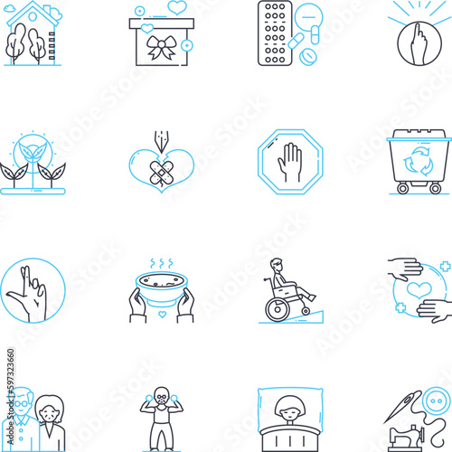 Geriatric care linear icons set. Aging, Elderly, Dementia, Alzheimer's, Palliative, Hospice, End-of-life line vector and concept signs. Independence, Mobility, Falls outline illustrations