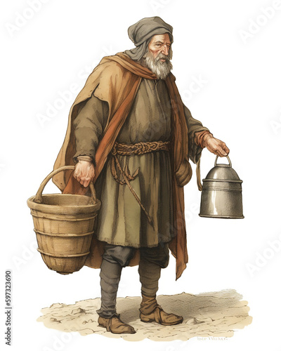 Medieval Peasant, Serf, Illustration of bearded peasant holding milk pail, grain basket (Generative AI) photo