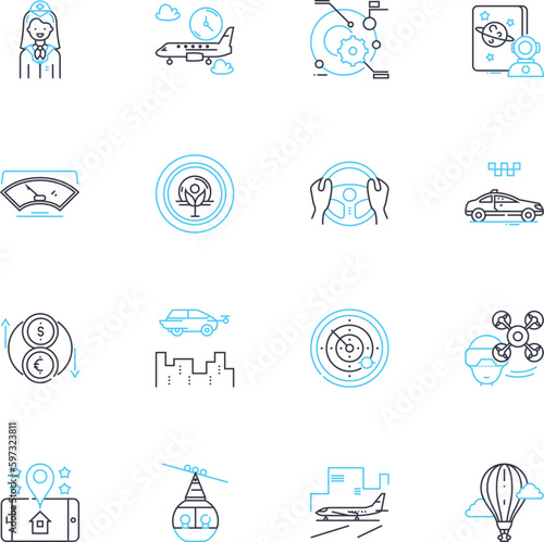 Flight linear icons set. Takeoff, Landing, Pilots, Passengers, Airline, Planes, Sky line vector and concept signs. Travel,Boarding,Cockpit outline illustrations