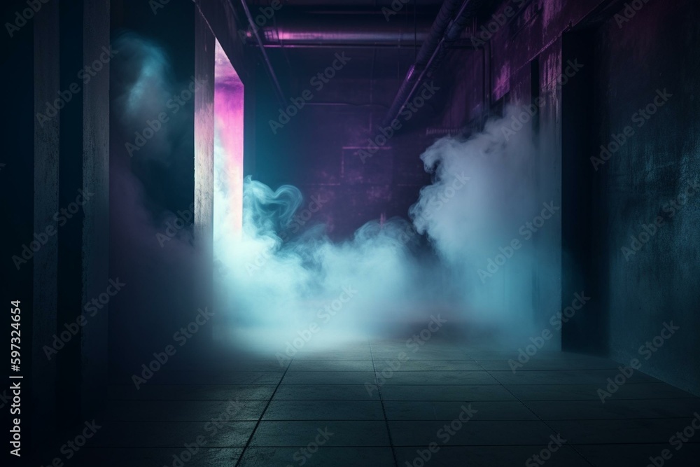 Futuristic sci-fi smoke background with purple and blue neon lights. 3D rendering of a concrete stage in a dark warehouse hallway. Generative AI