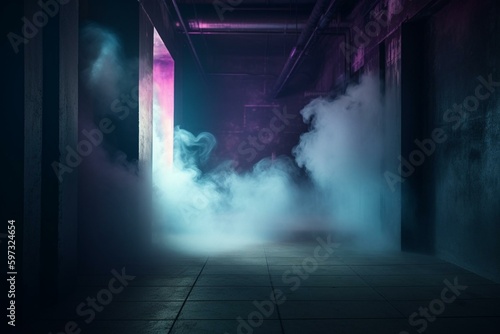 Futuristic sci-fi smoke background with purple and blue neon lights. 3D rendering of a concrete stage in a dark warehouse hallway. Generative AI