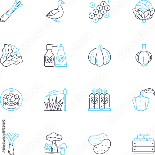 Cultivation field linear icons set. Harvesting, Irrigation, Fertilization, Tilling, Planting, Pruning, Sowing line vector and concept signs. Cultivating,Grafting,Mulching outline illustrations