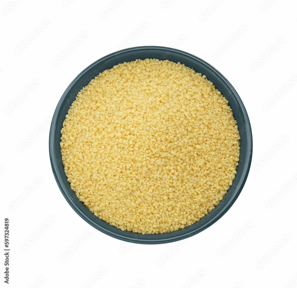 Bowl of raw couscous isolated on white, top view Bowl of raw couscous isolated on white, top view