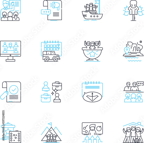 Convention linear icons set. Conference, Gathering, Conclave, Meetup, Symposium, Assembly, Summit line vector and concept signs. Rally,Expo,Congress outline illustrations